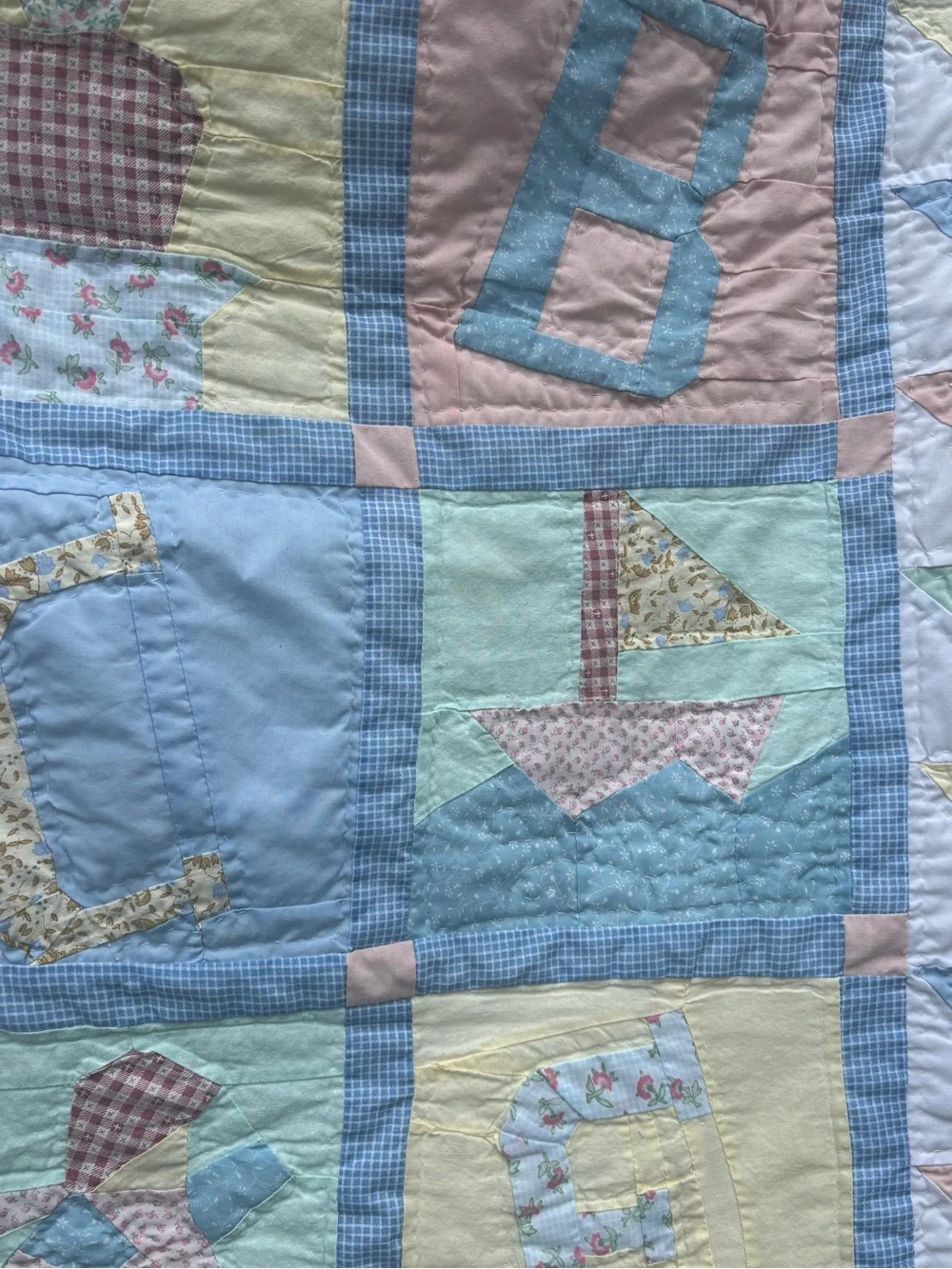 Handmade Pastel Alphabet Baby Quilt - Blue, Pink, Mint, Cream